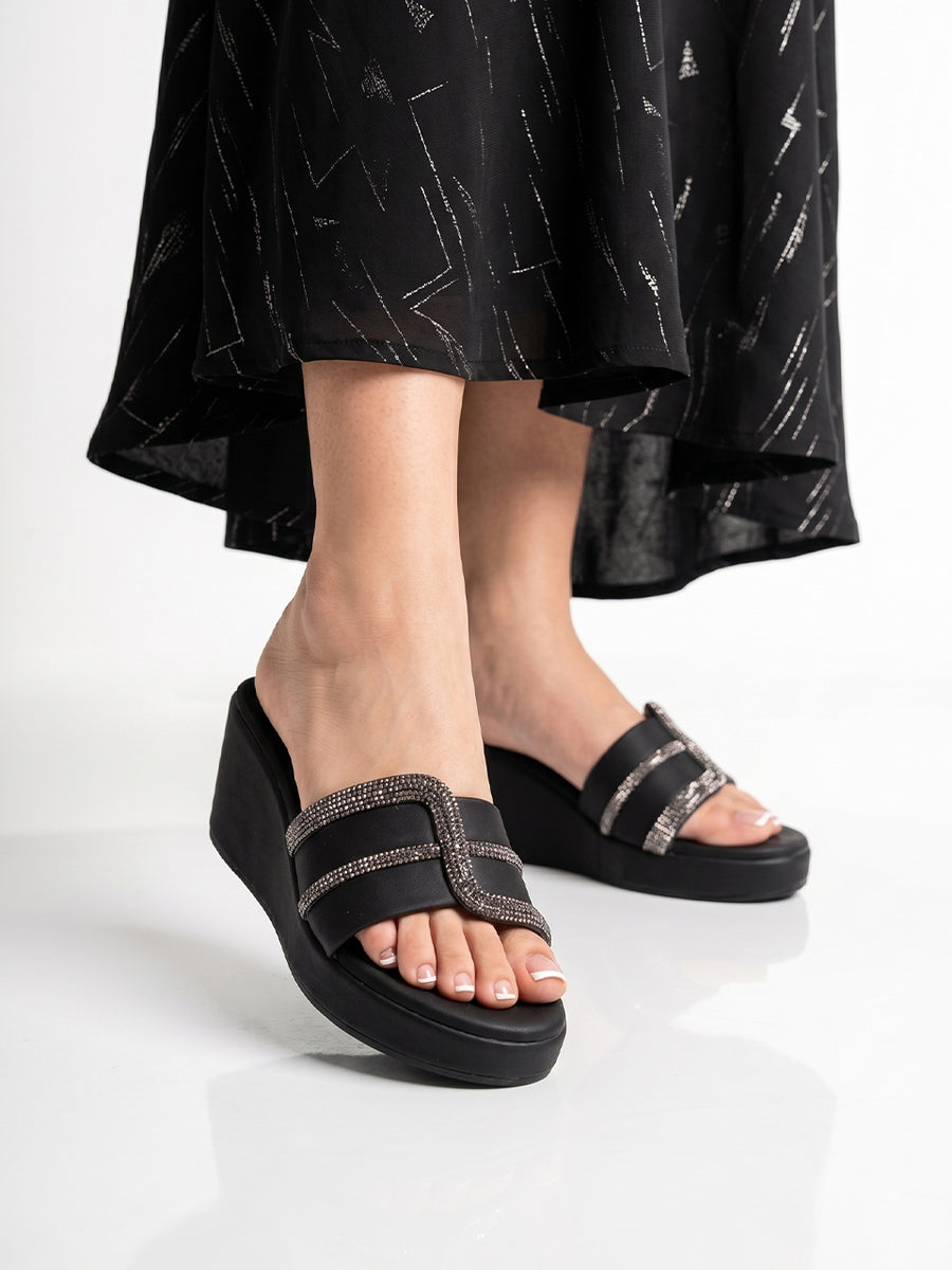 Tira Black Wedge Heels