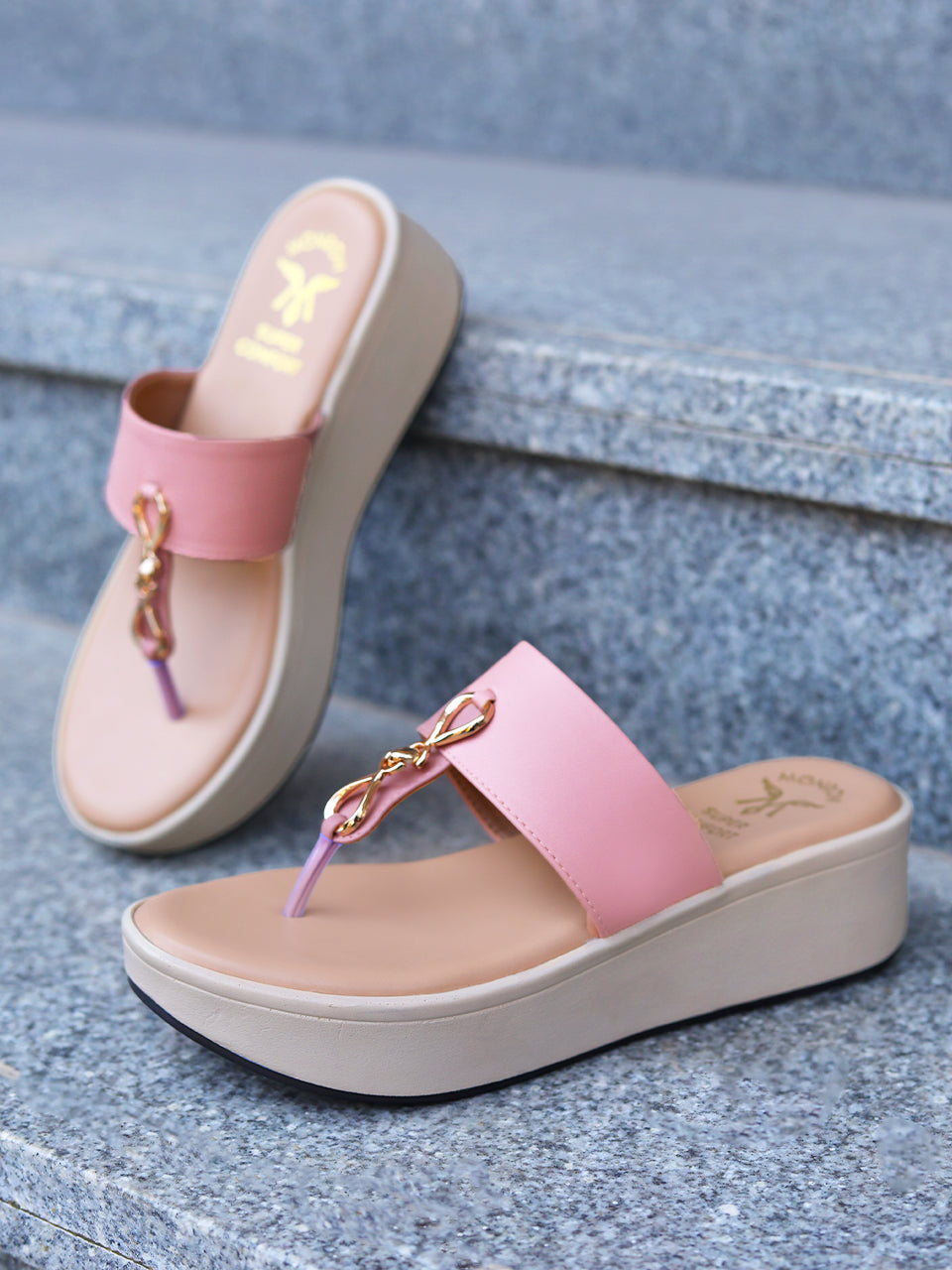 Meera T-Strap Gleam Trim Pink Flatform Sandals