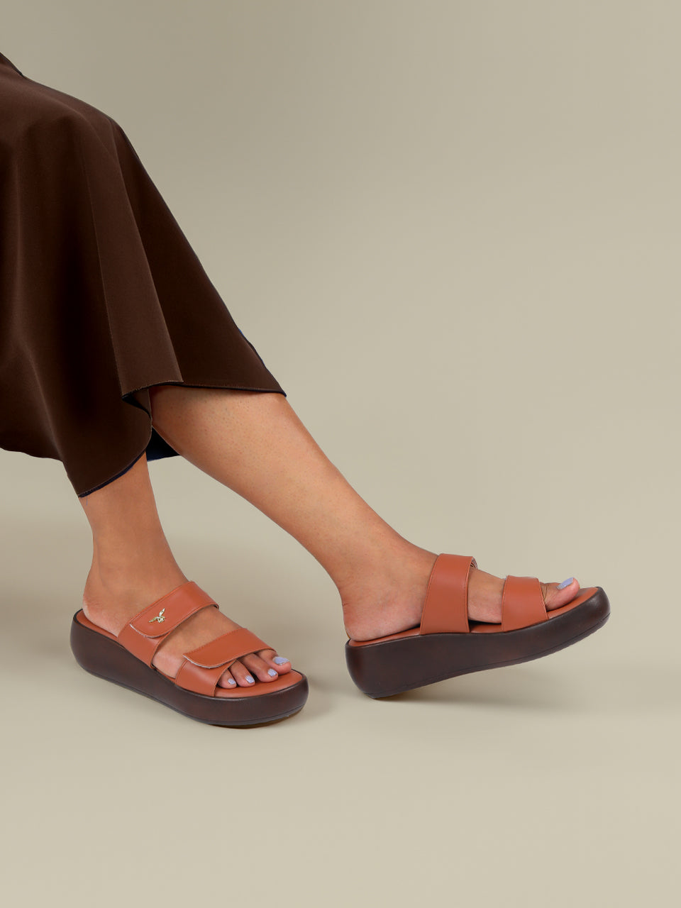 Meera Curvy Velcro Tan Flatform Sandals